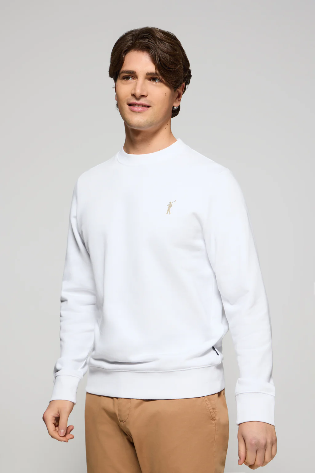 White round-neck relaxed sweatshirt with Rigby Go rubberised logo