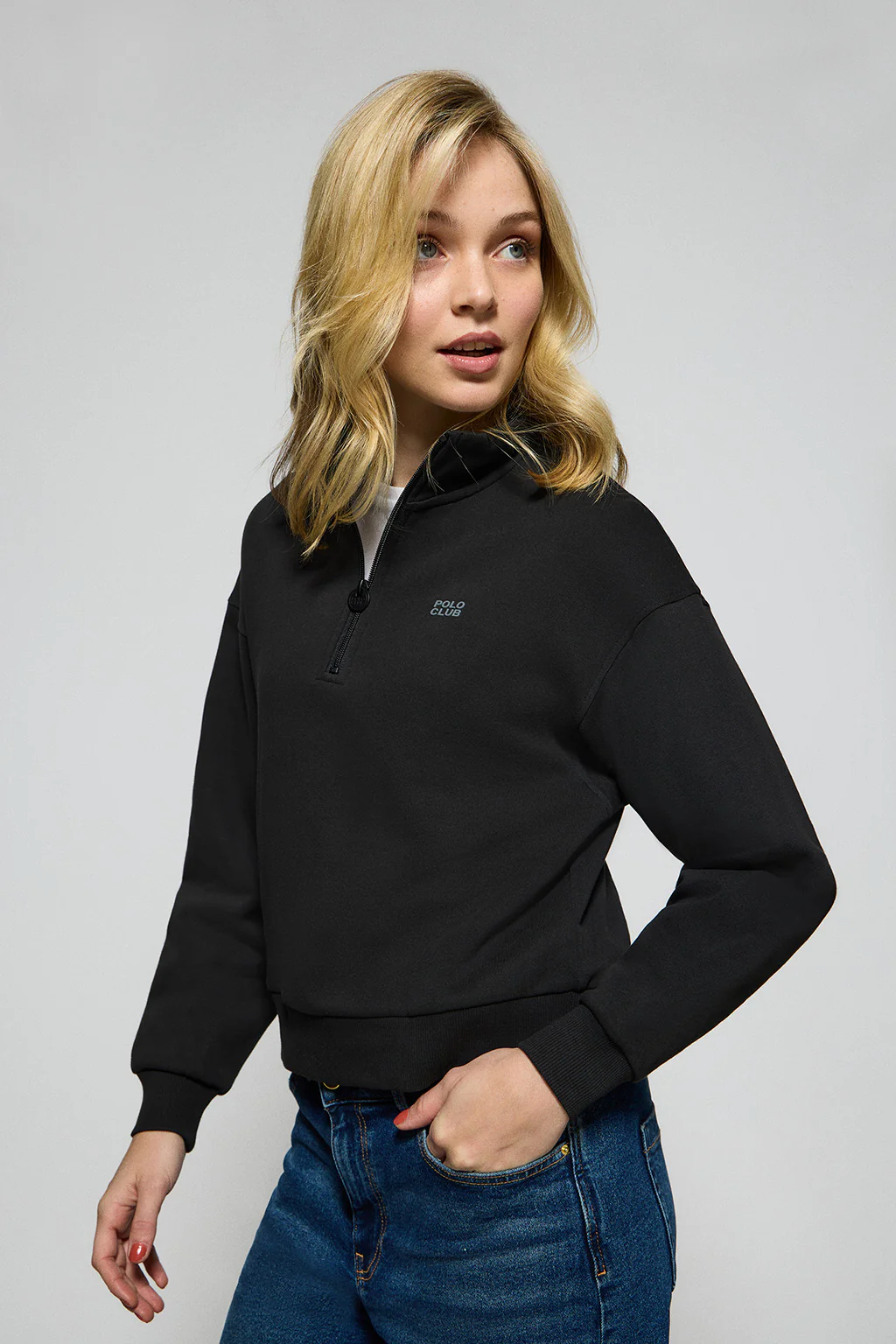 Black half-zip sweatshirt with Polo Club rubber logo