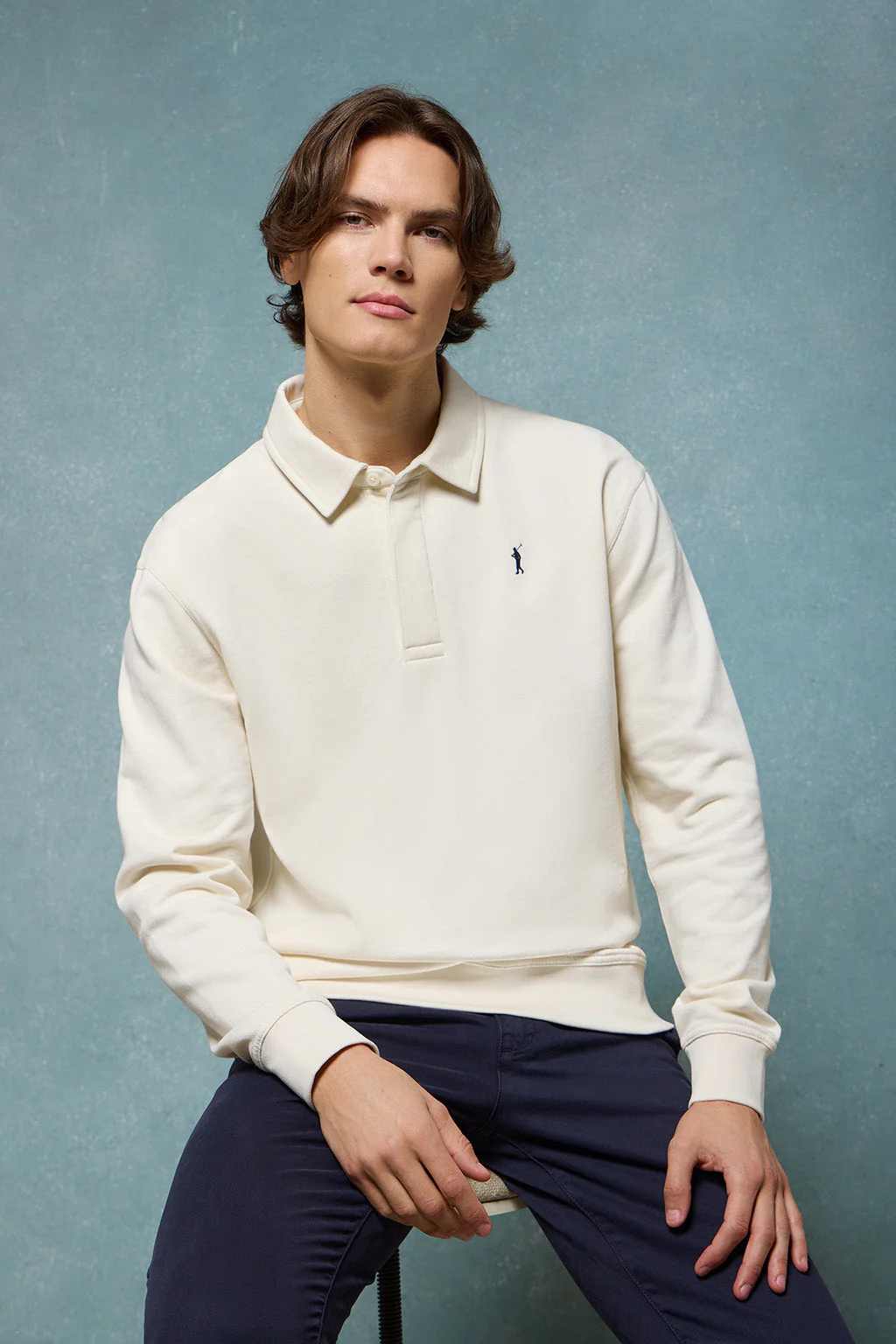Beige polo-collar sweatshirt with Rigby Go embroidery
