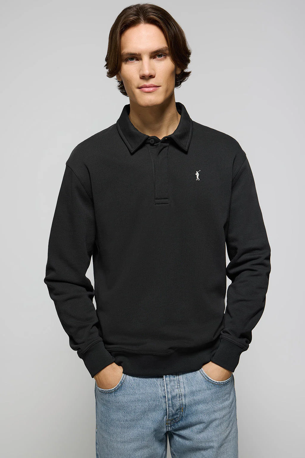 Black polo-collar sweatshirt with Rigby Go embroidery