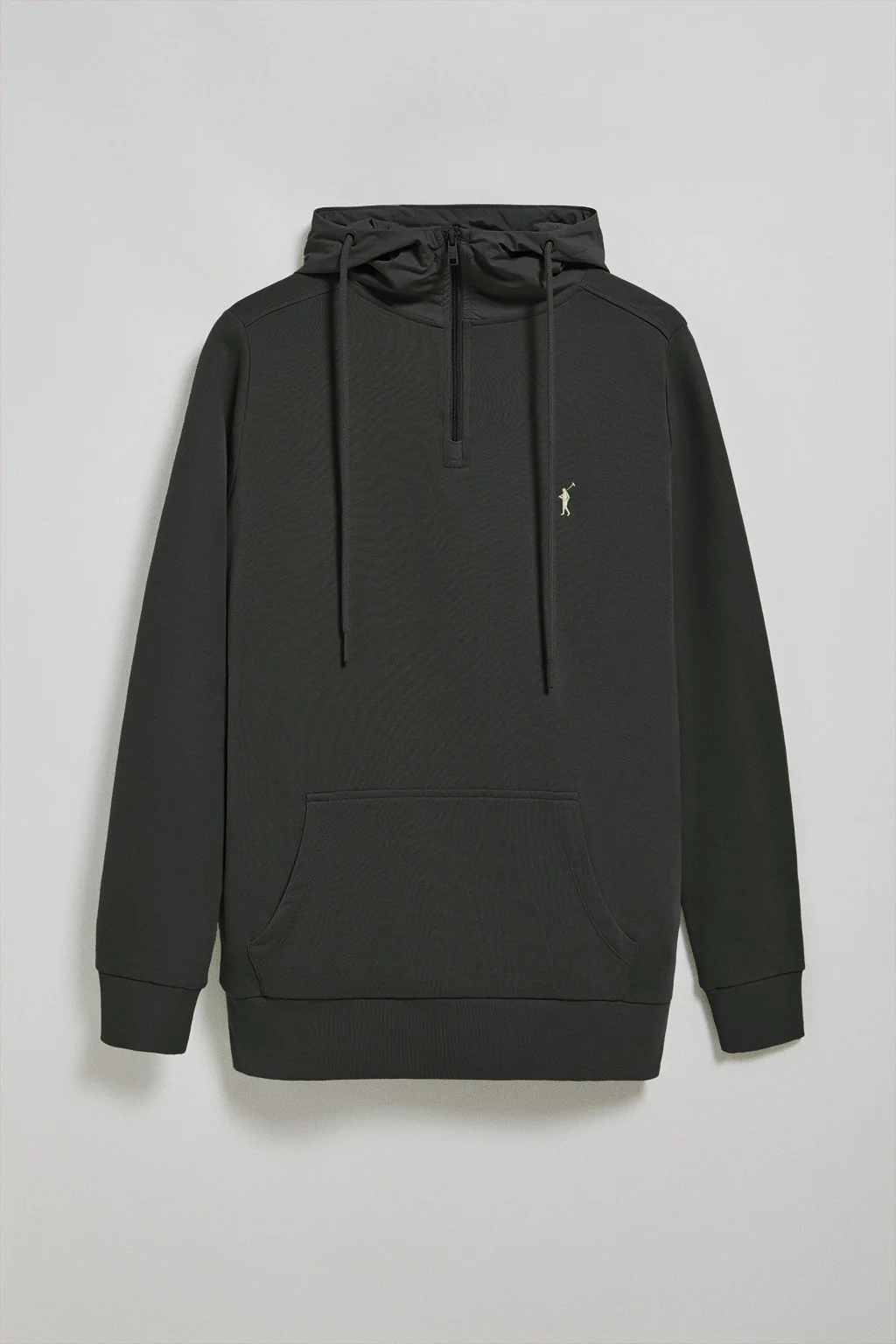 Black half-zip hoodie with Rigby Go logo