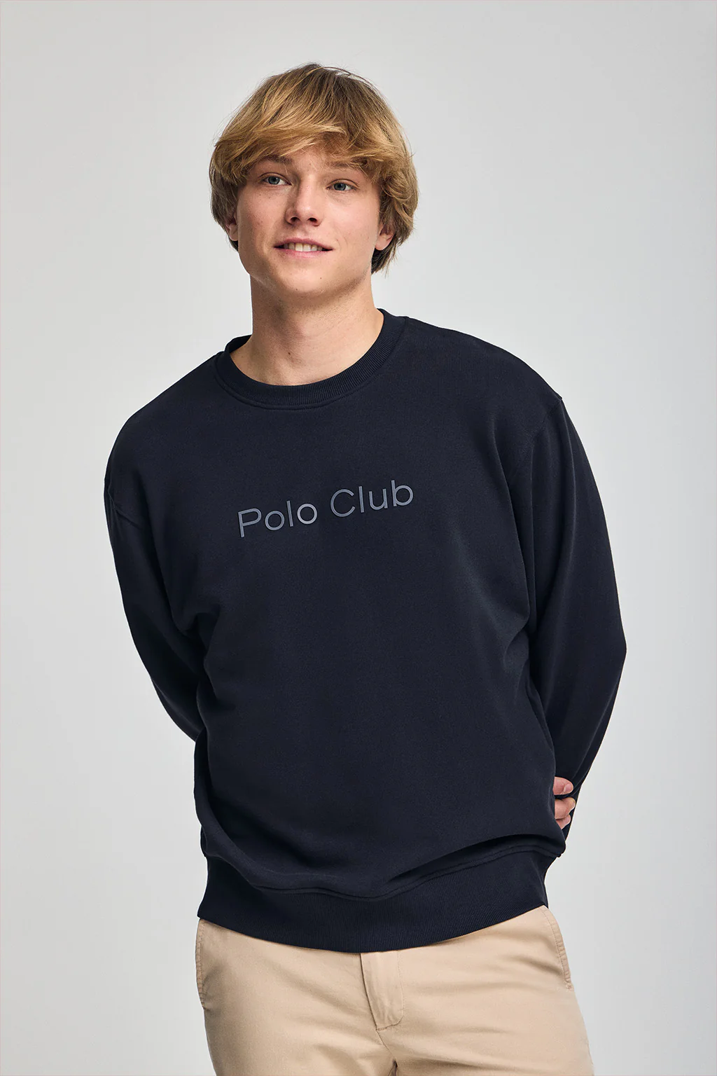 Navy-blue round-neck oversize sweatshirt with Minimal Combo logo