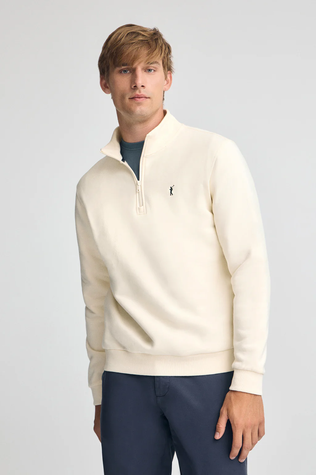 Nude half-zip sweatshirt with Rigby Go logo