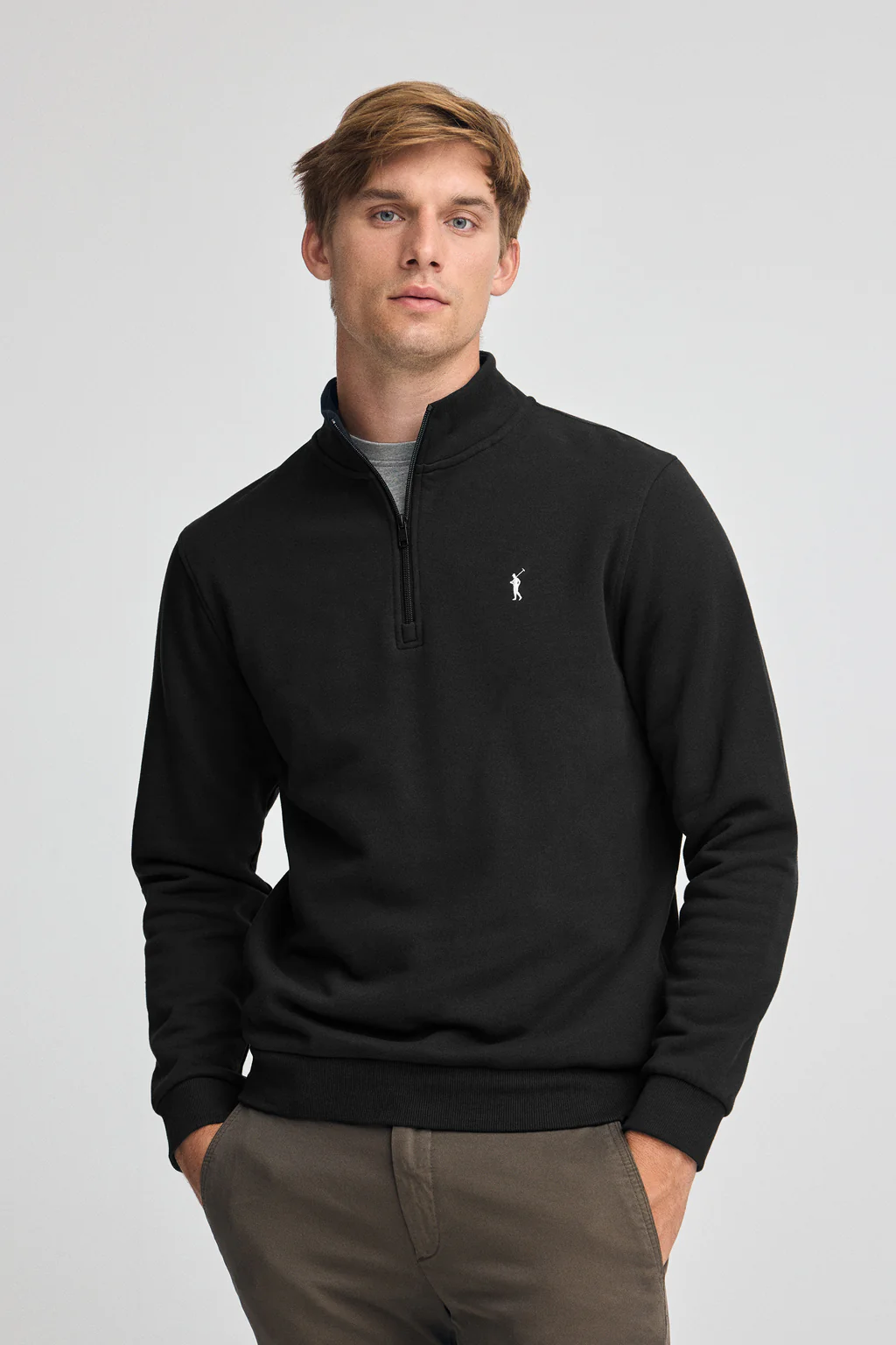 Black half-zip sweatshirt with Rigby Go logo