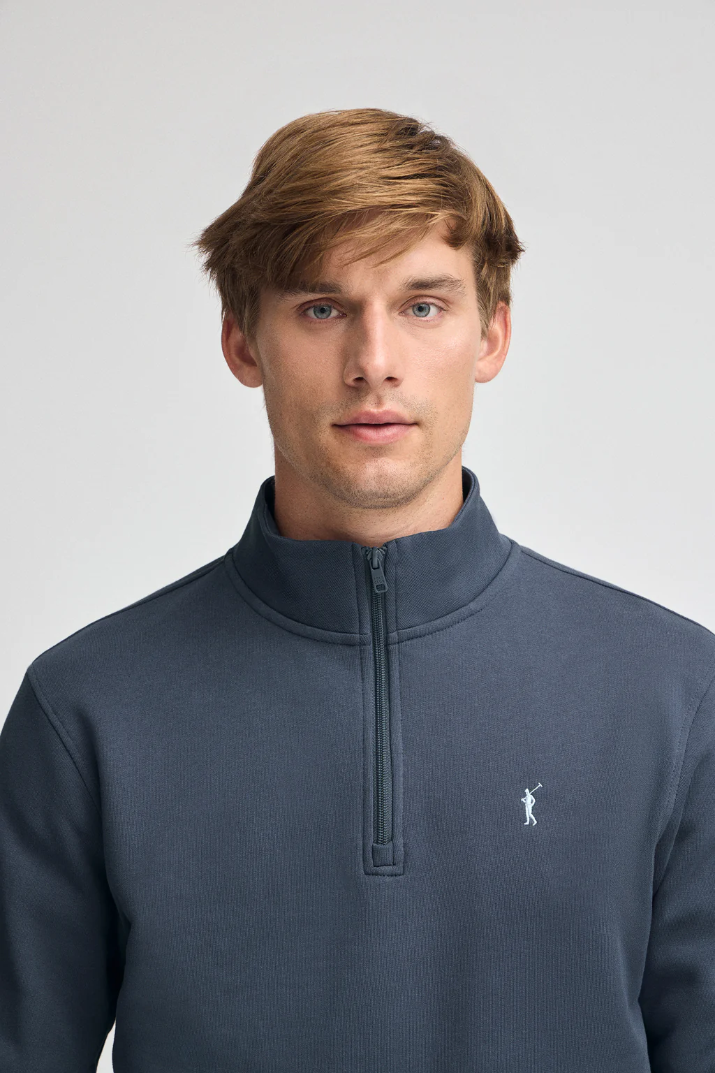 Denim-blue half-zip sweatshirt with Rigby Go logo - Image 2