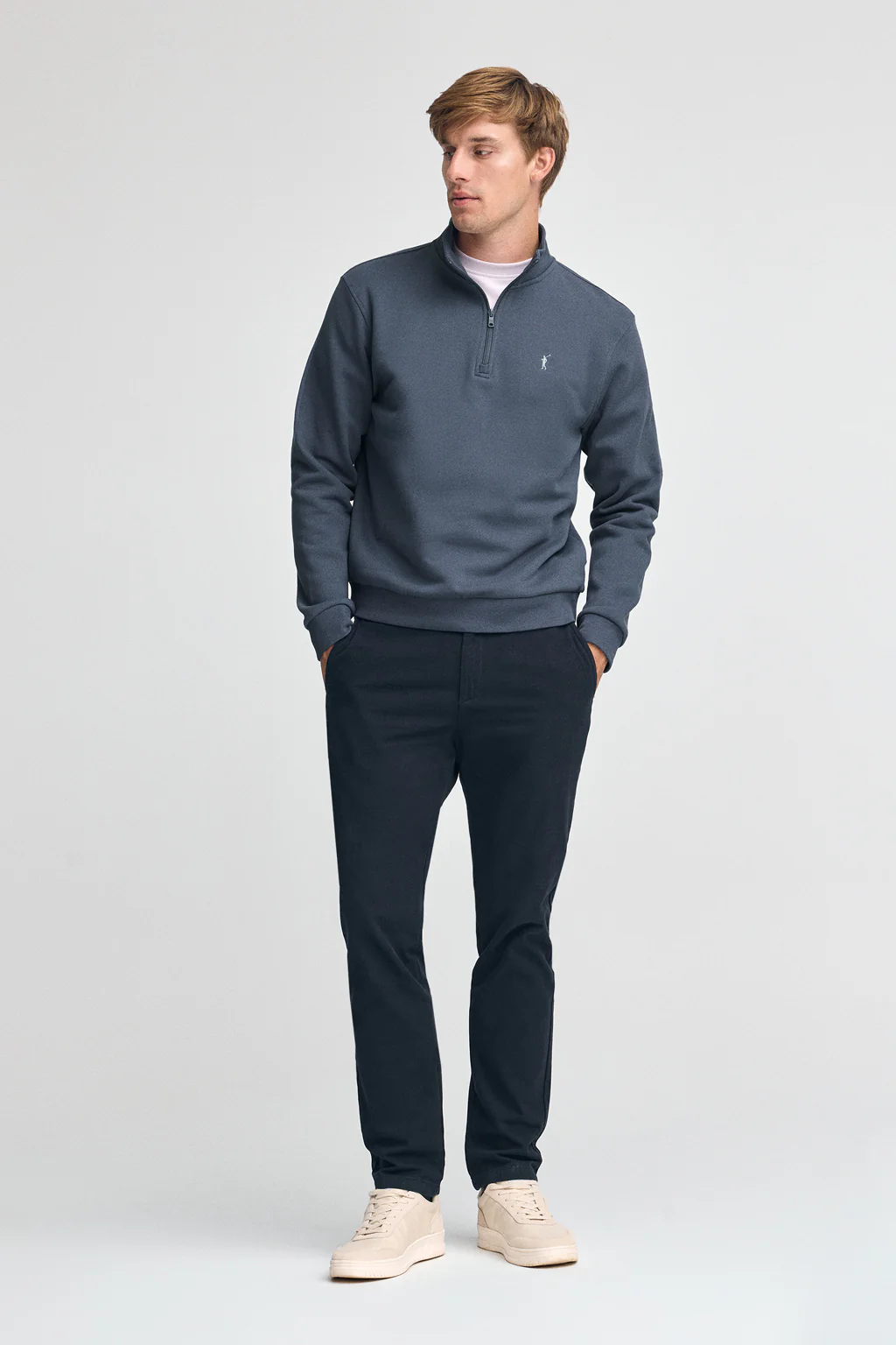 Denim-blue half-zip sweatshirt with Rigby Go logo - Image 3