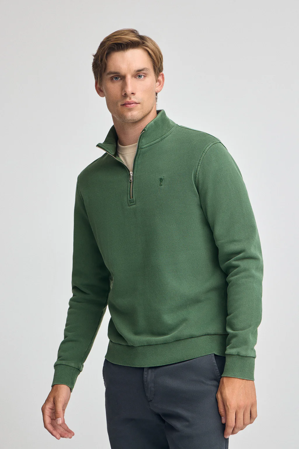 Bottle-green half-zip sweatshirt with washed effect and Rigby Go logo