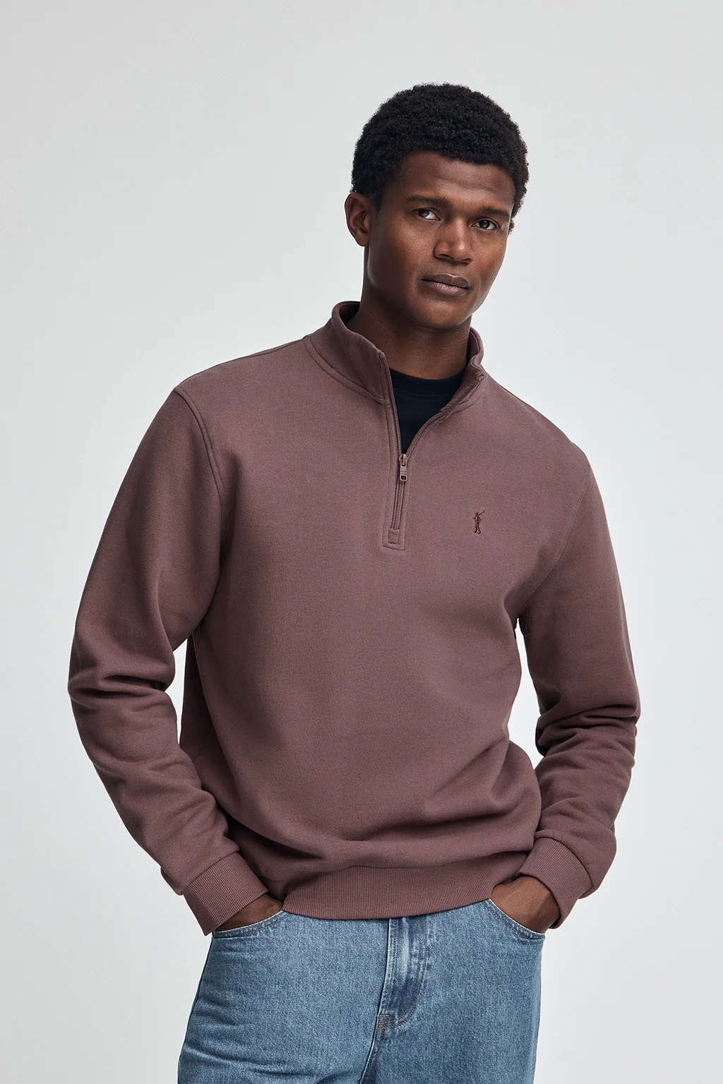 Taupe-pink half-zip sweatshirt with Rigby Go logo