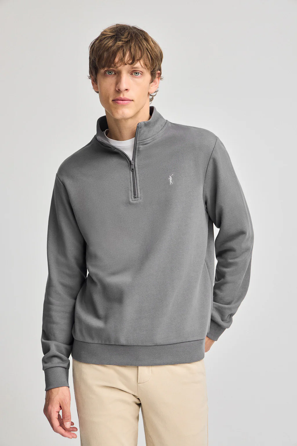 Asphalt-grey half-zip sweatshirt with Rigby Go embroidery