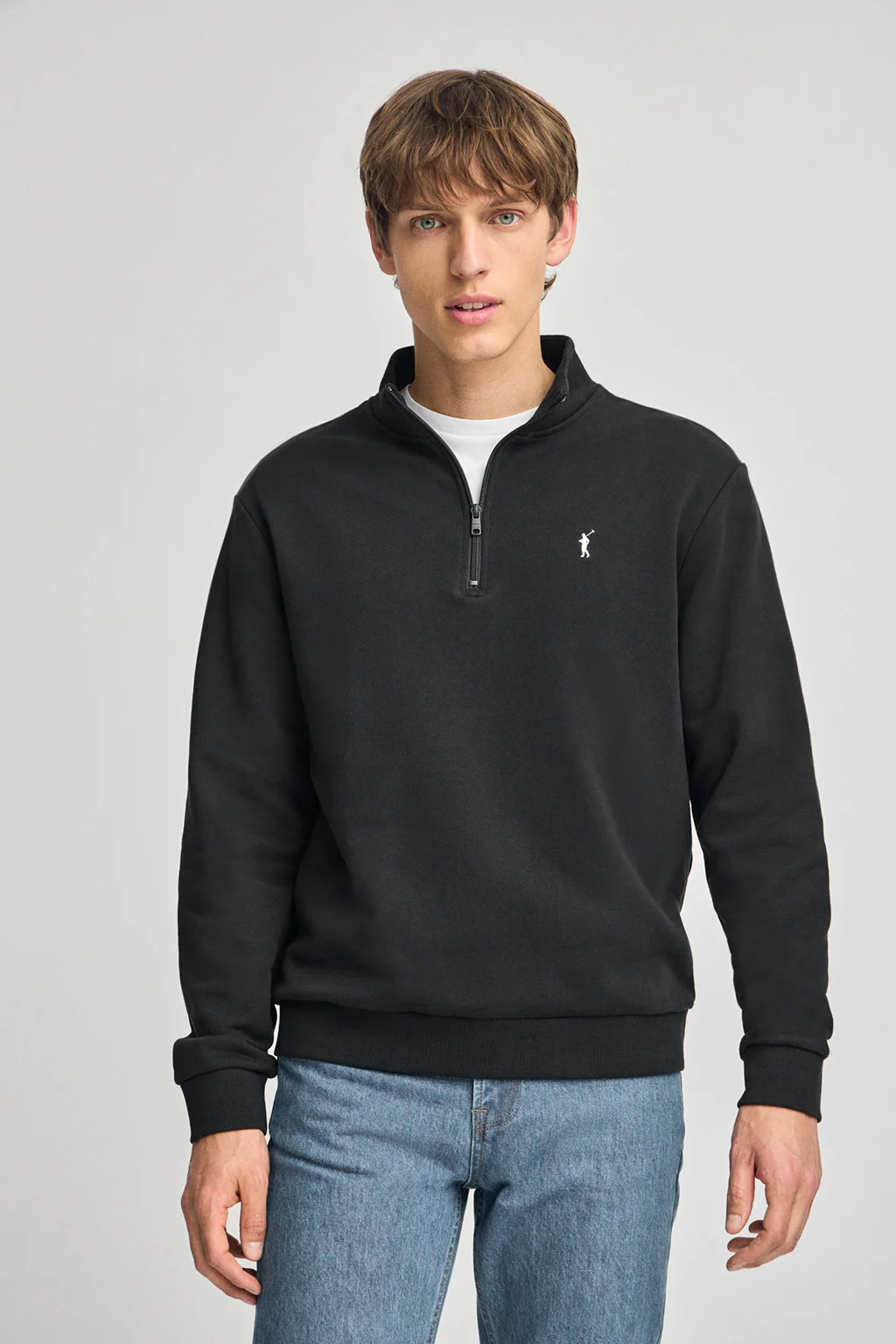 Black half-zip sweatshirt with Rigby Go embroidery