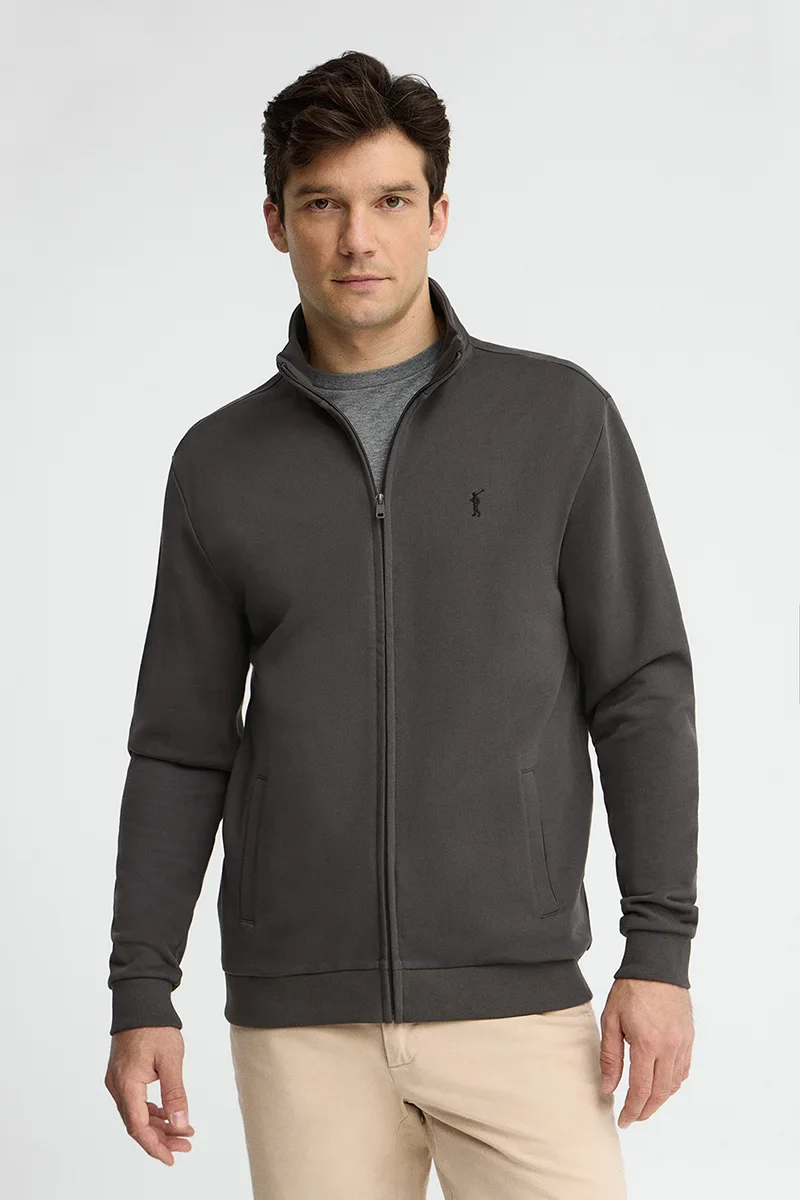 Dark-grey high-neck sweatshirt with full zip and Rigby Go embroidery