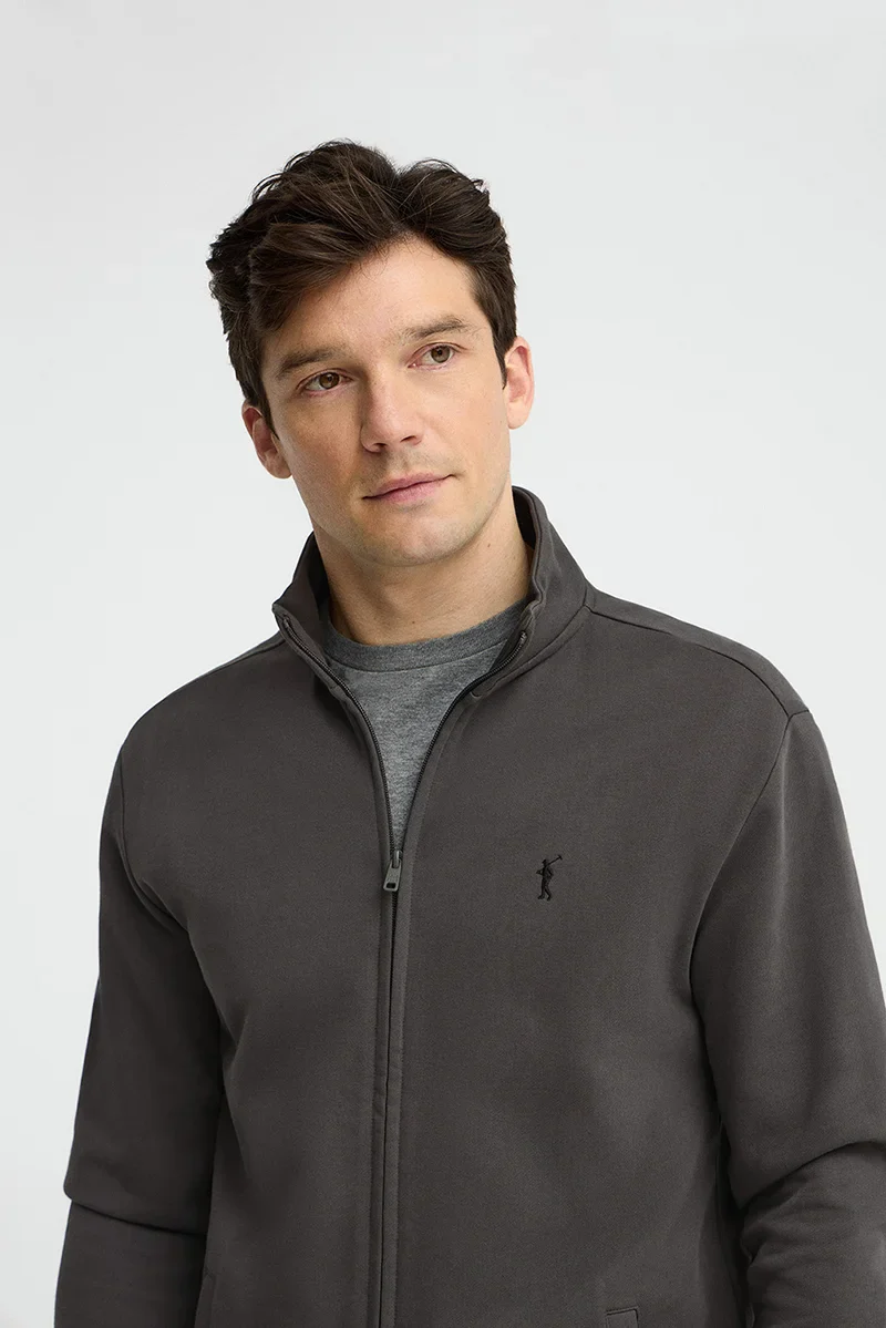 Dark-grey high-neck sweatshirt with full zip and Rigby Go embroidery - Image 2
