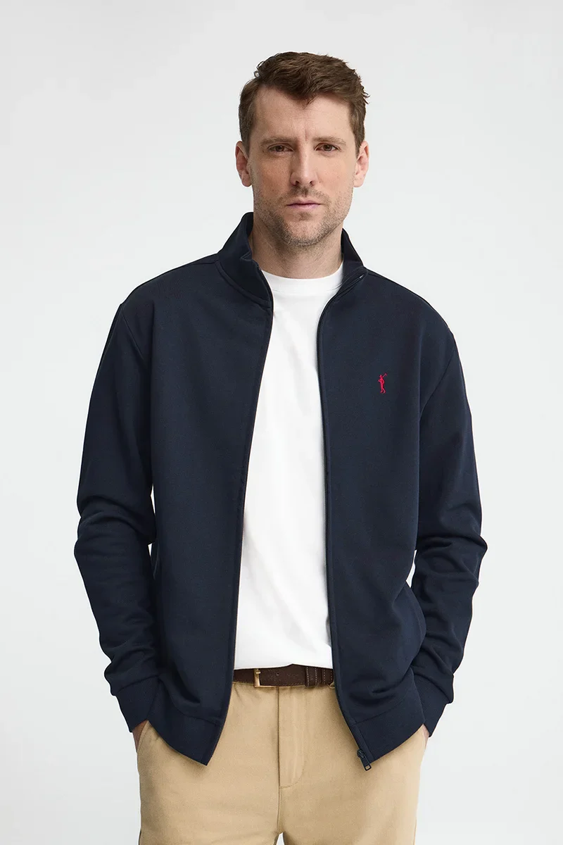 Navy-blue high-neck sweatshirt with full zip and Rigby Go embroidery