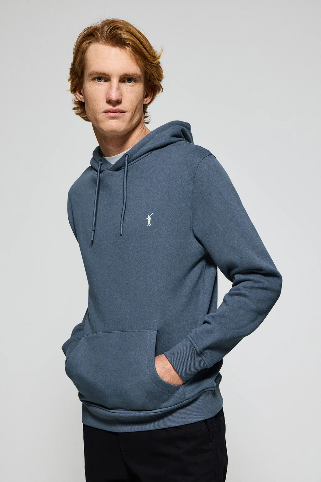 Denim-blue hoodie with pockets and Rigby Go embroidered logo