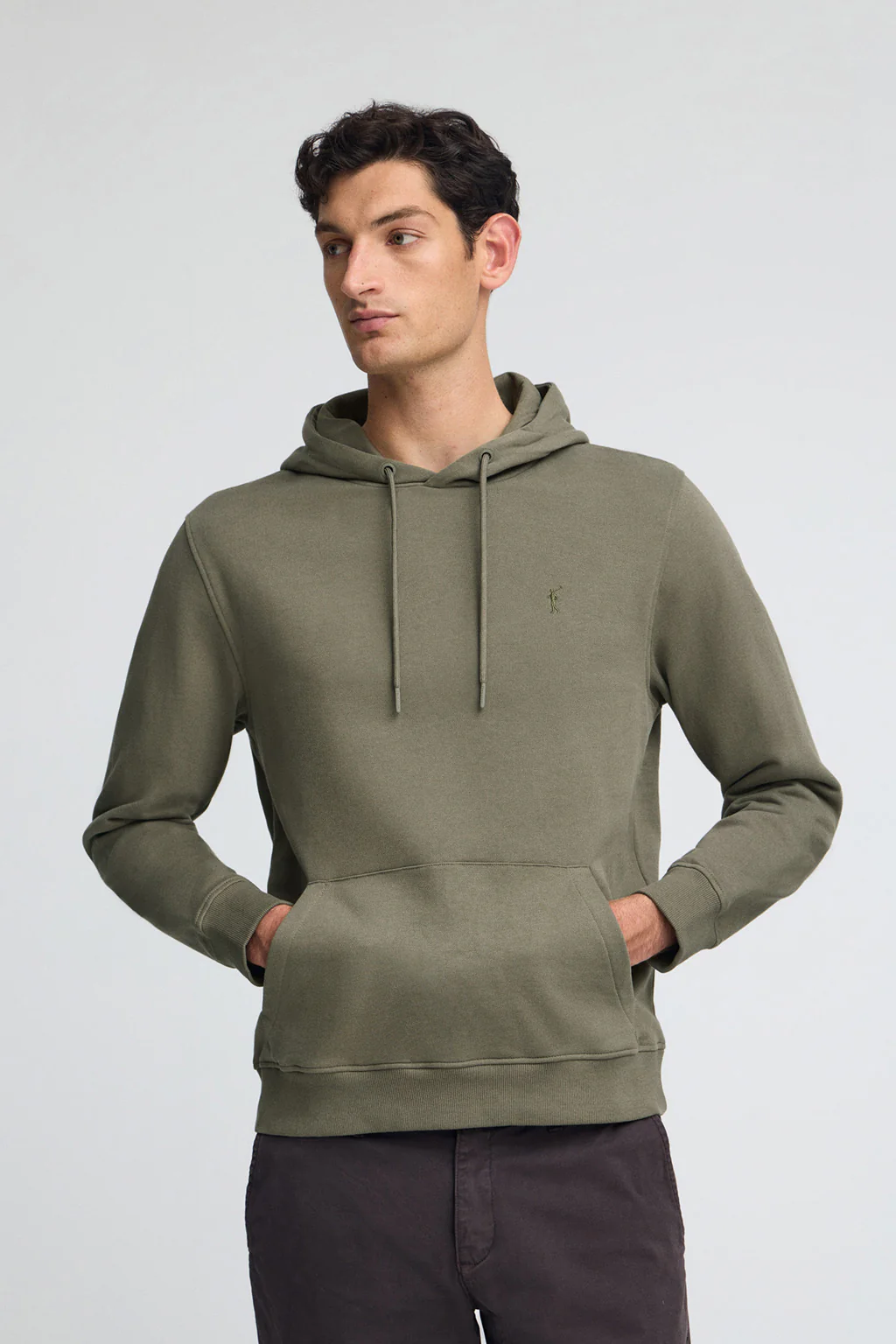 Army-green regular-fit hoodie with Rigby Go logo