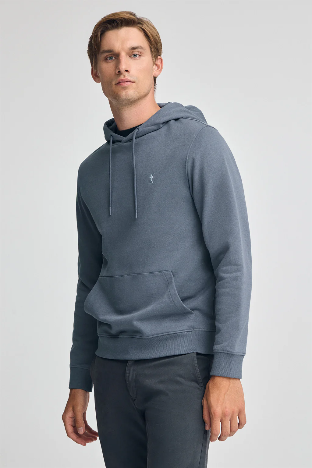 Denim-blue regular-fit hoodie with Rigby Go logo