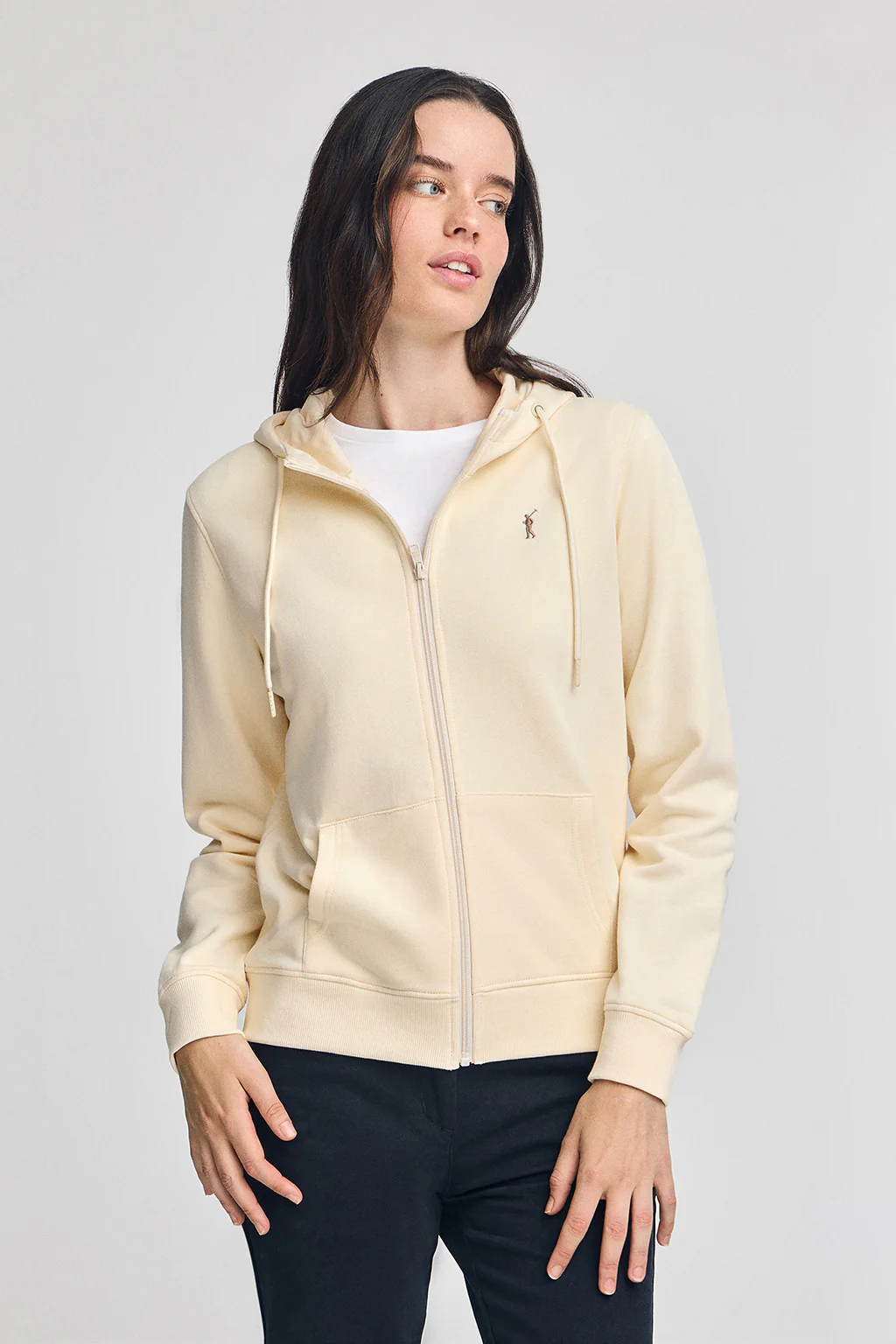 Nude hoodie with zip and Rigby Go embroidery
