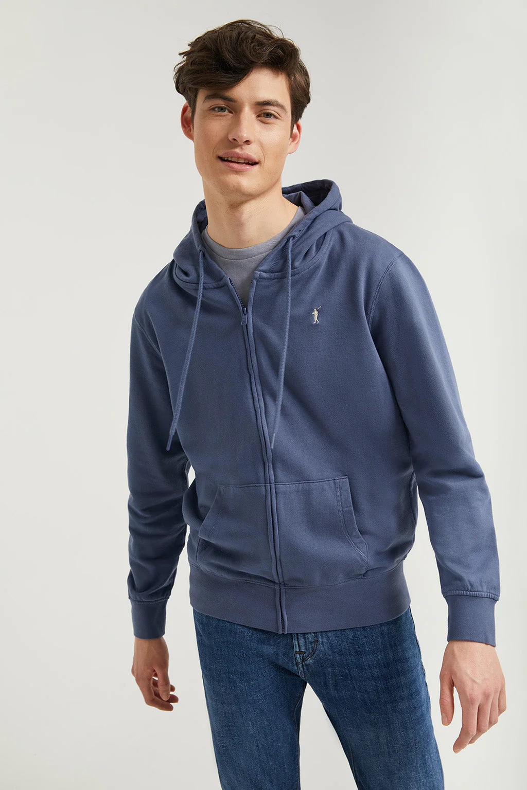 Denim-blue zip-through hoodie with Rigby Go logo
