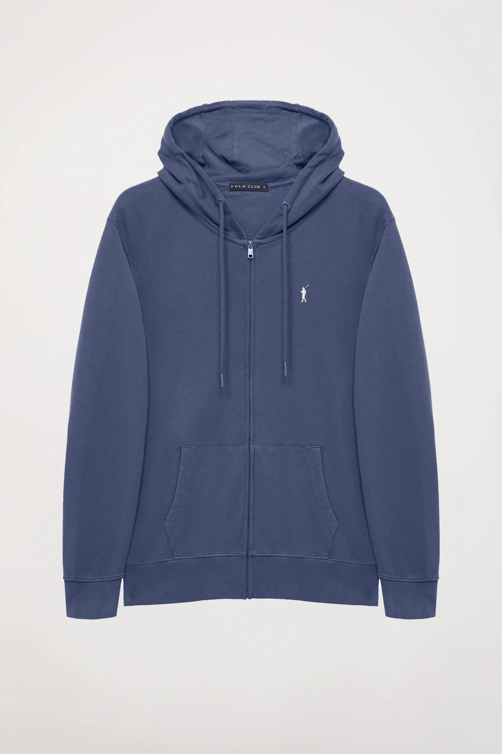 Denim-blue zip-through hoodie with Rigby Go logo - Image 9