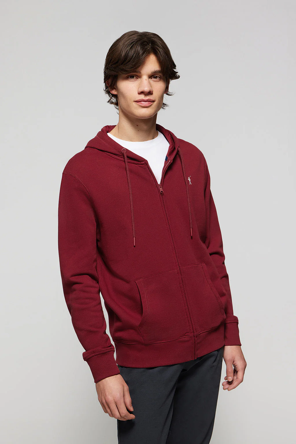 Maroon-grey zip-through hoodie with Rigby Go logo