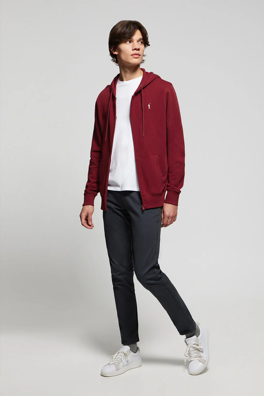 Maroon-grey zip-through hoodie with Rigby Go logo - Image 2