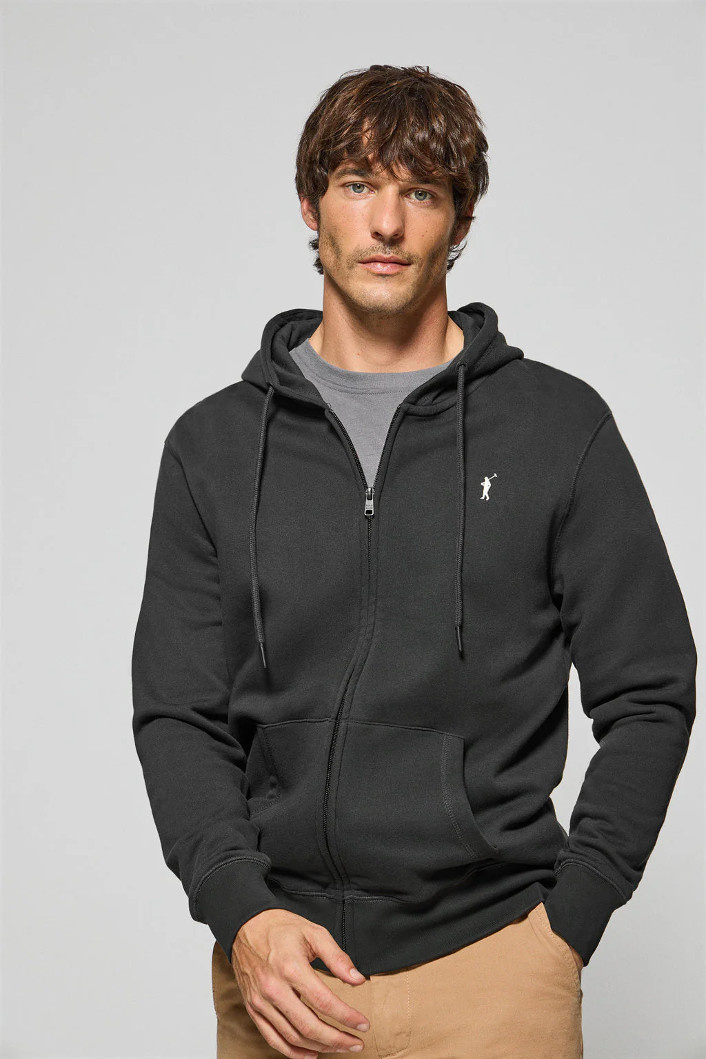 Black zip-up hoodie with Rigby Go logo