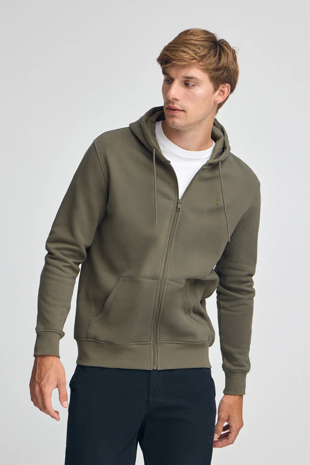 Army-green zip-up hoodie with Rigby Go logo