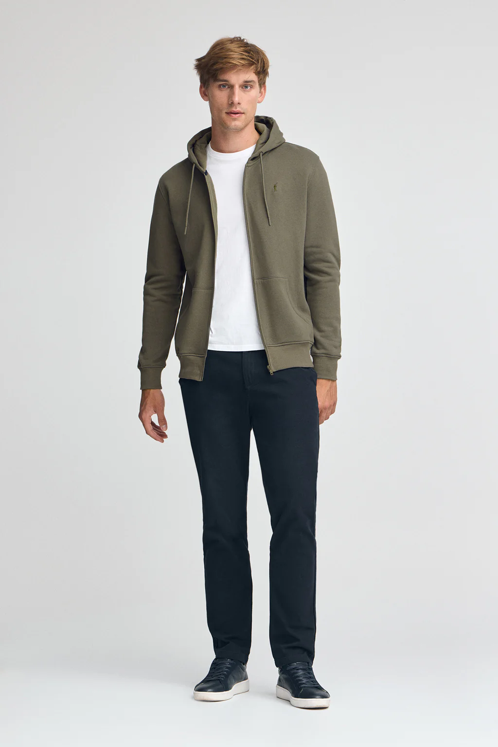 Army-green zip-up hoodie with Rigby Go logo - Image 3