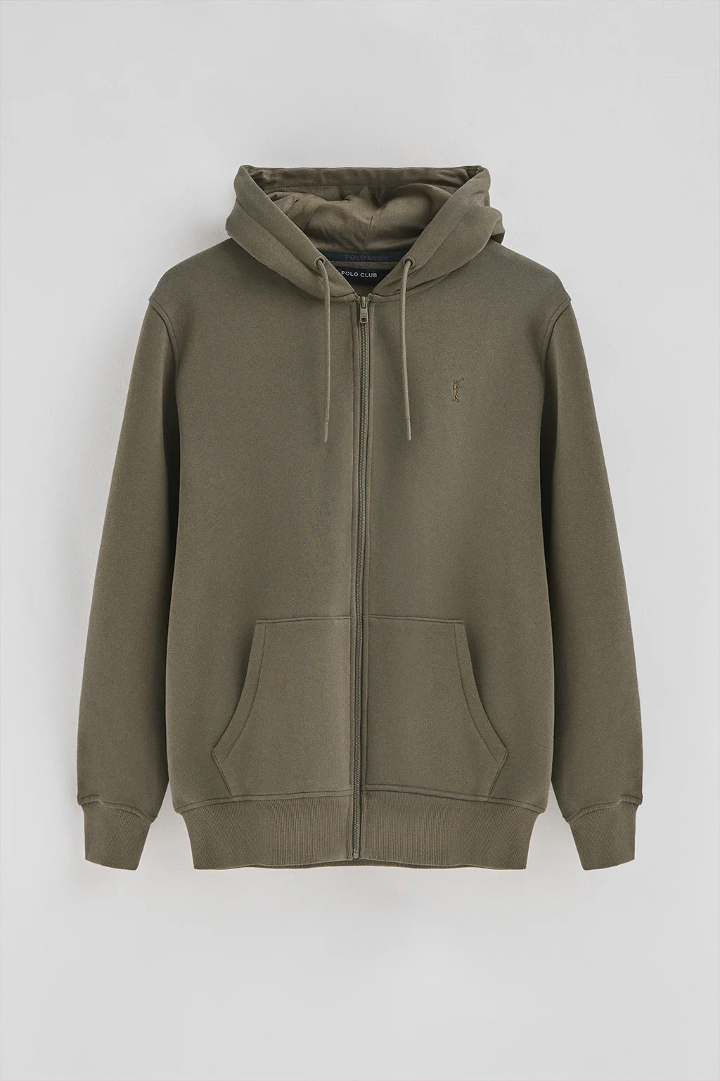 Army-green zip-up hoodie with Rigby Go logo - Image 5