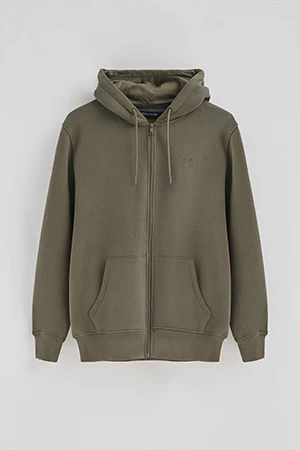 Army-green zip-up hoodie with Rigby Go logo - Image 8