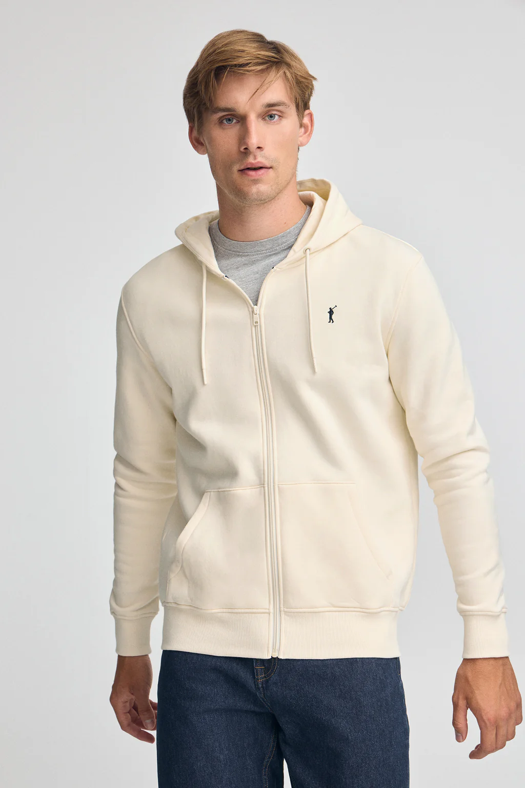 Nude zip-up hoodie with Rigby Go logo