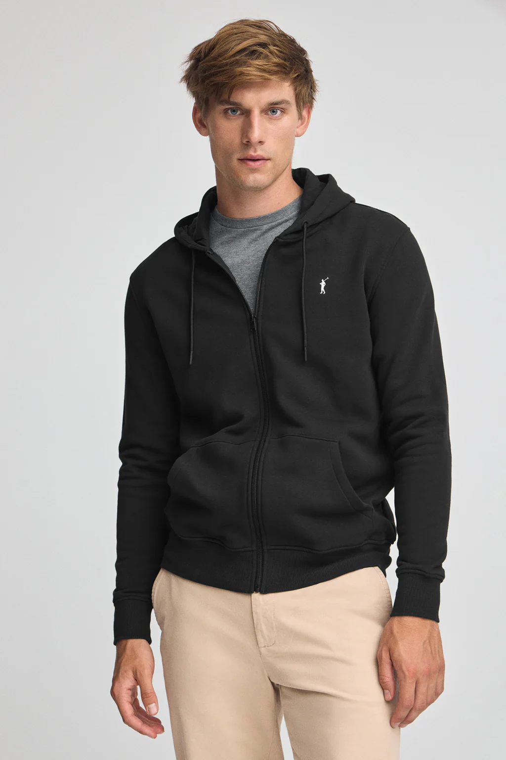 Black zip-up hoodie with Rigby Go logo