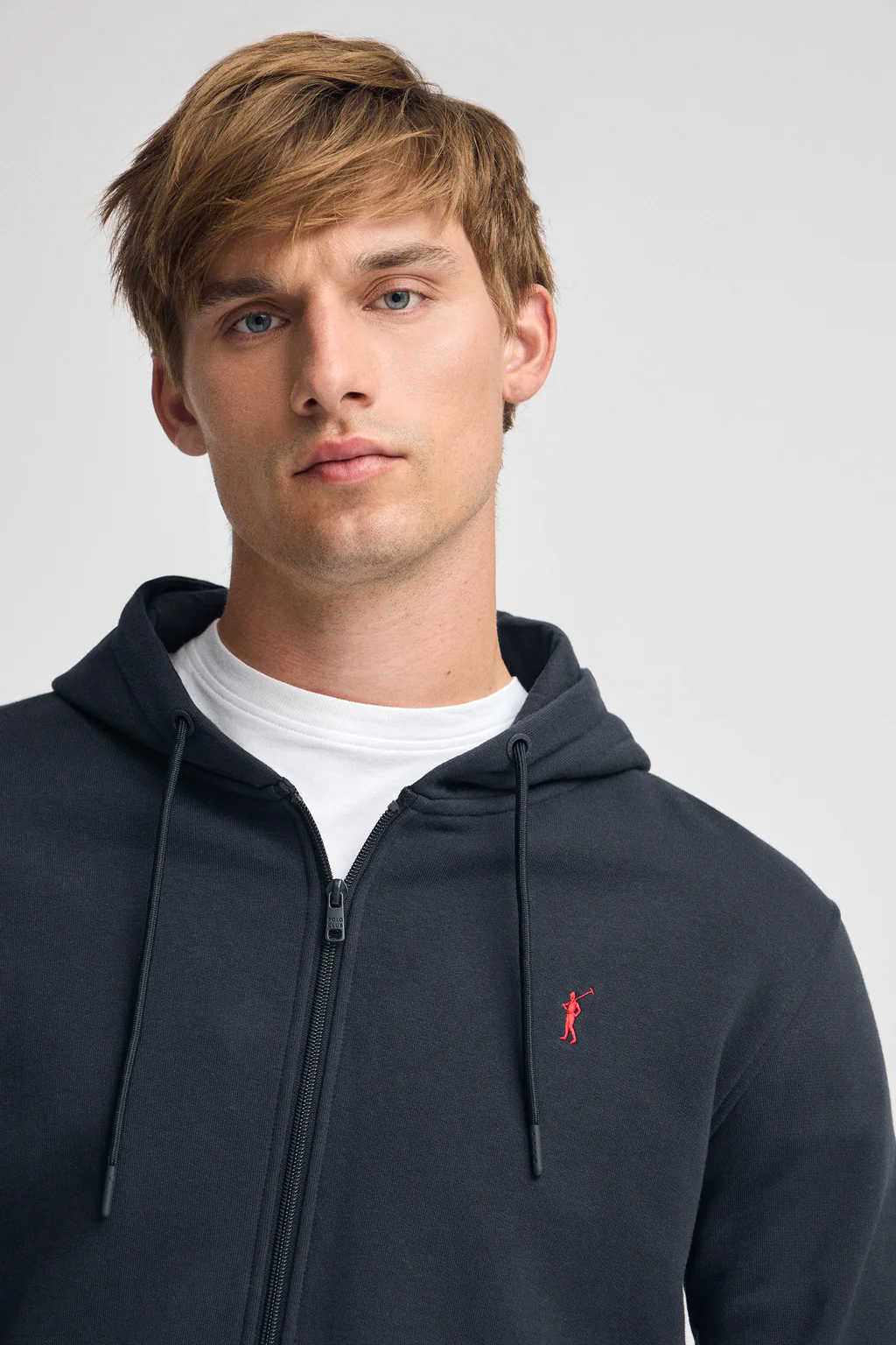 Navy-blue zip-up hoodie with Rigby Go logo
