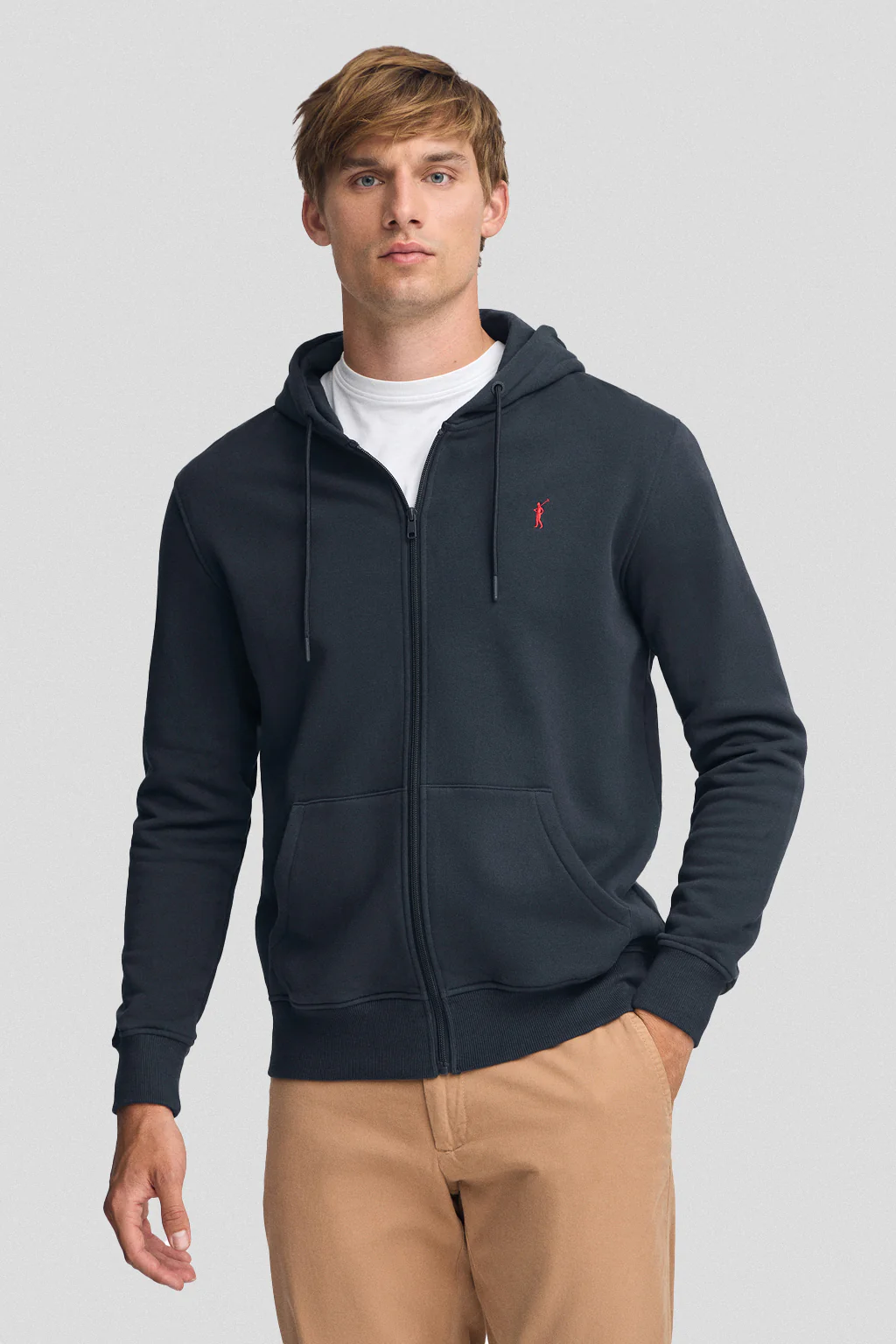 Navy-blue zip-up hoodie with Rigby Go logo - Image 3