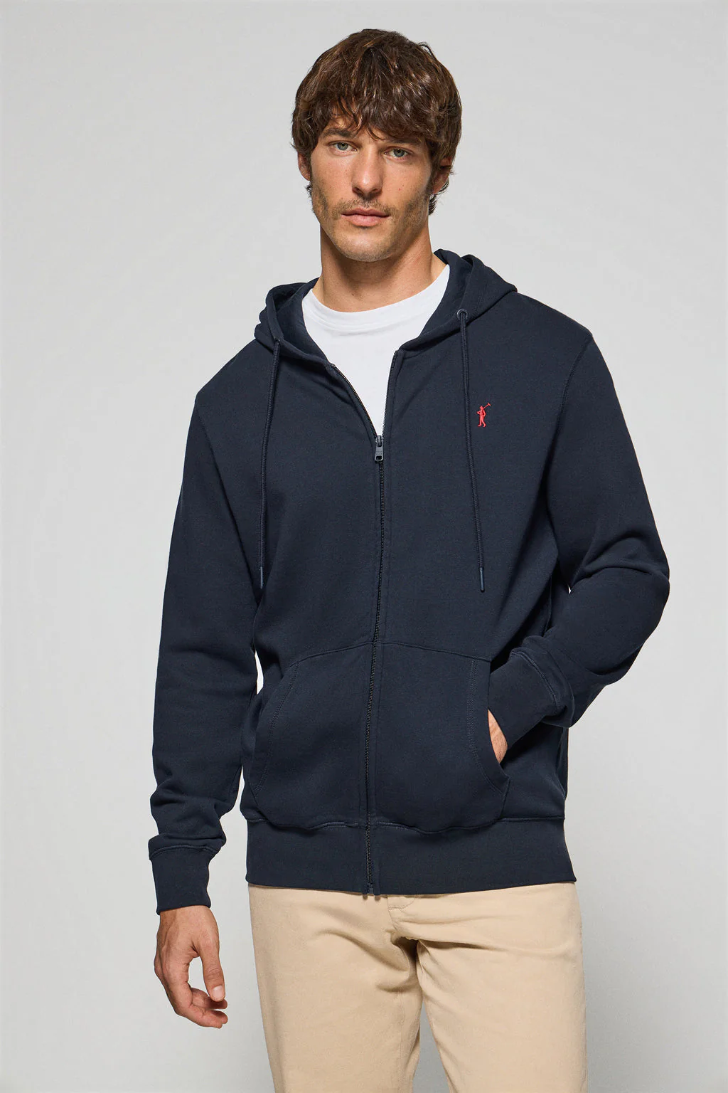 Navy-blue zip-up hoodie with Rigby Go logo