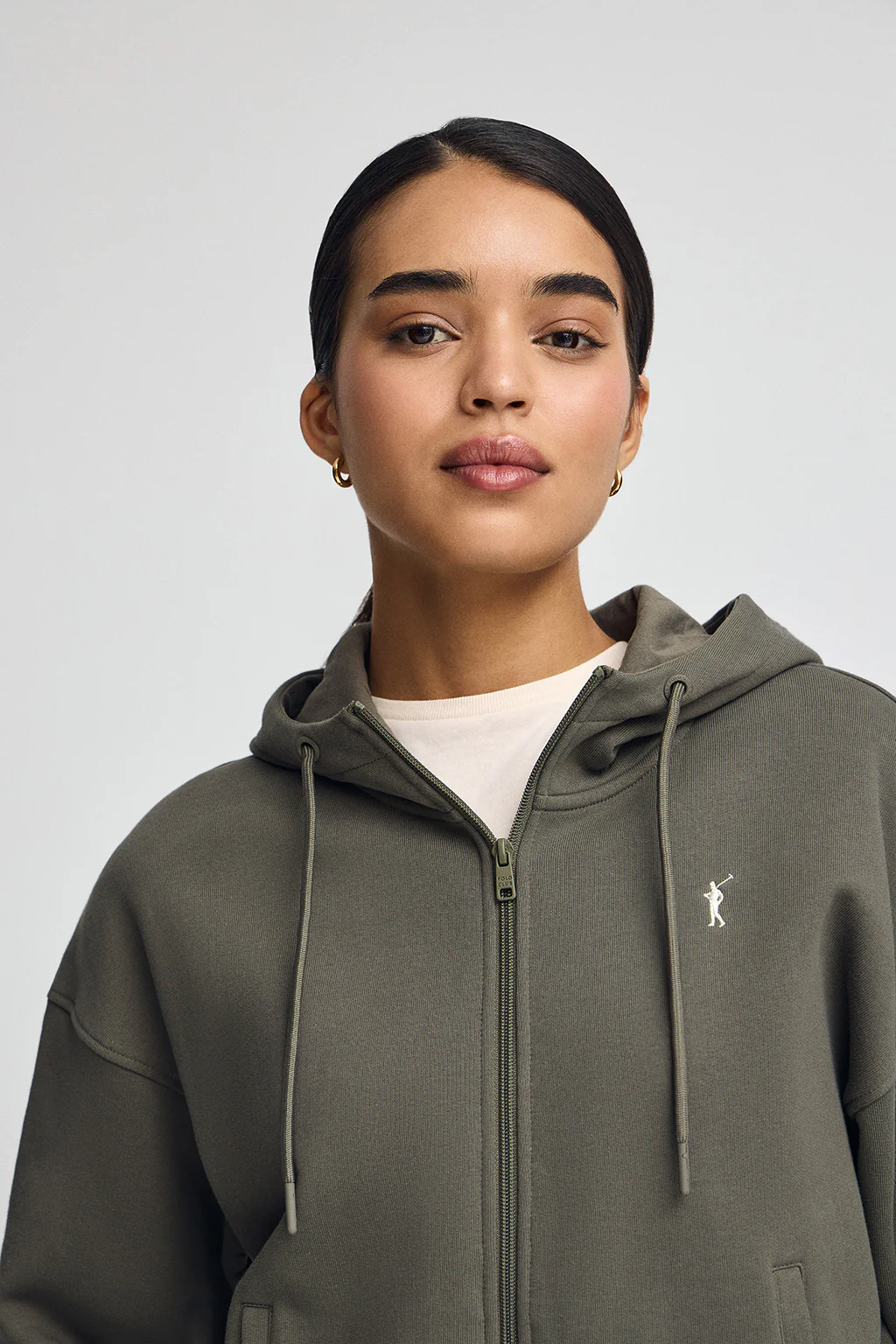 Army-green zipped hoodie with Rigby Go logo