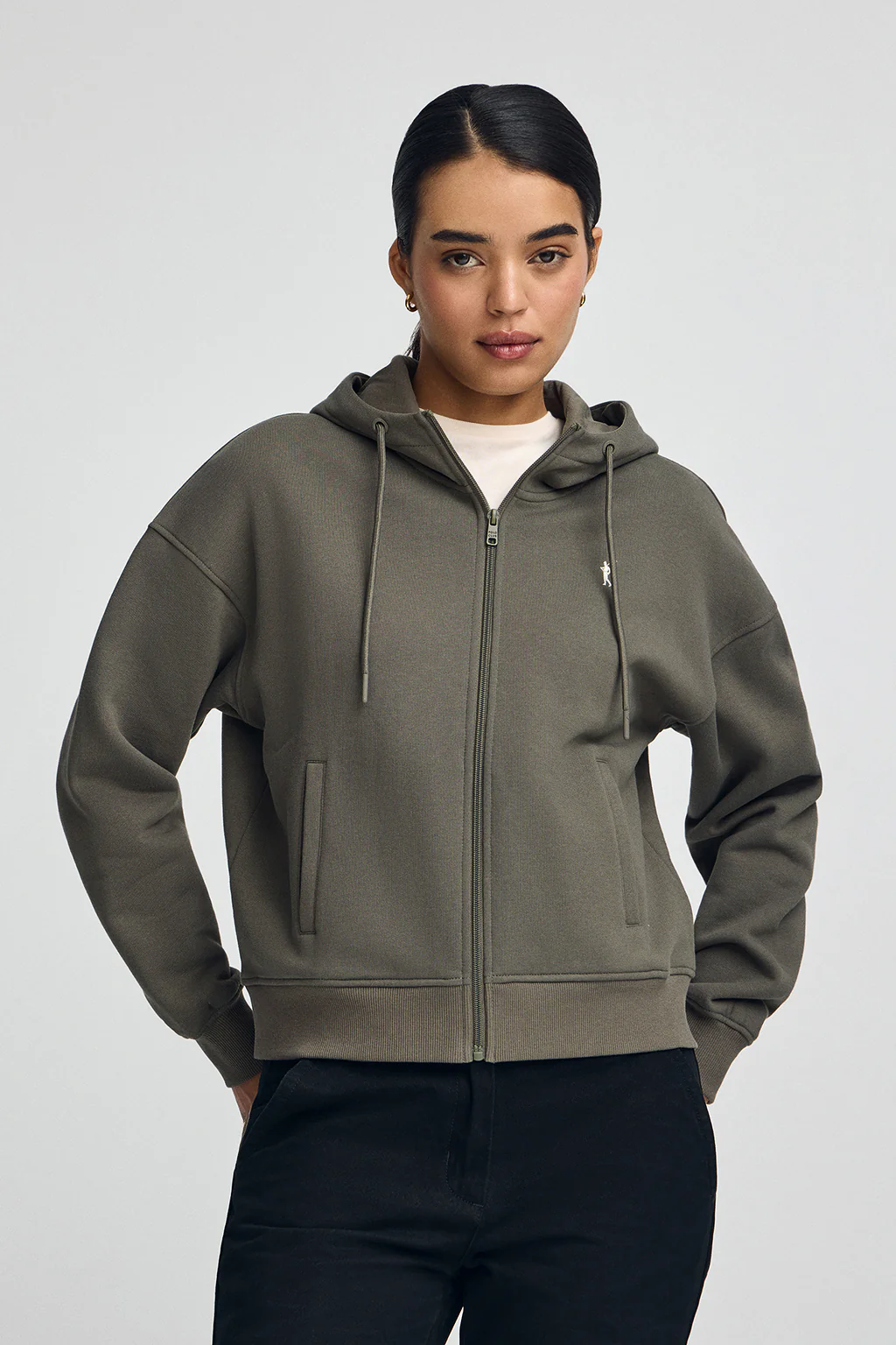 Army-green zipped hoodie with Rigby Go logo - Image 2