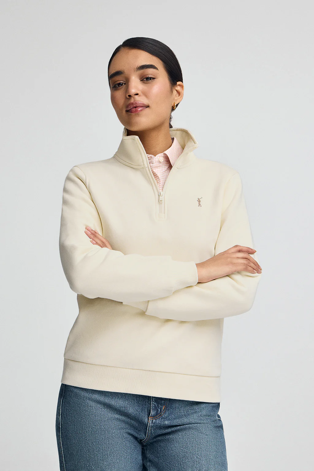 Nude half-zip sweatshirt with Rigby Go logo