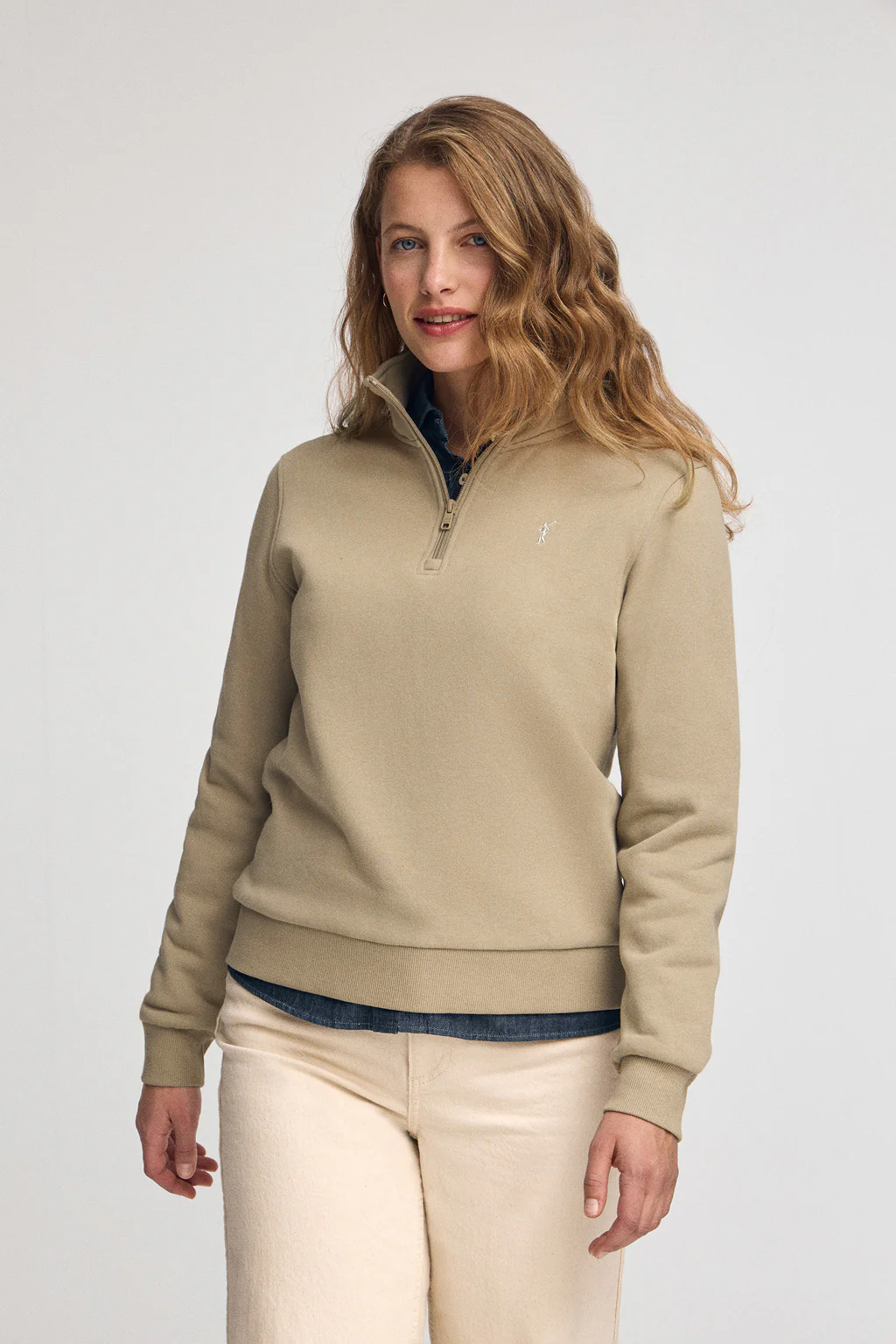 Light-brown half-zip sweatshirt with Rigby Go logo