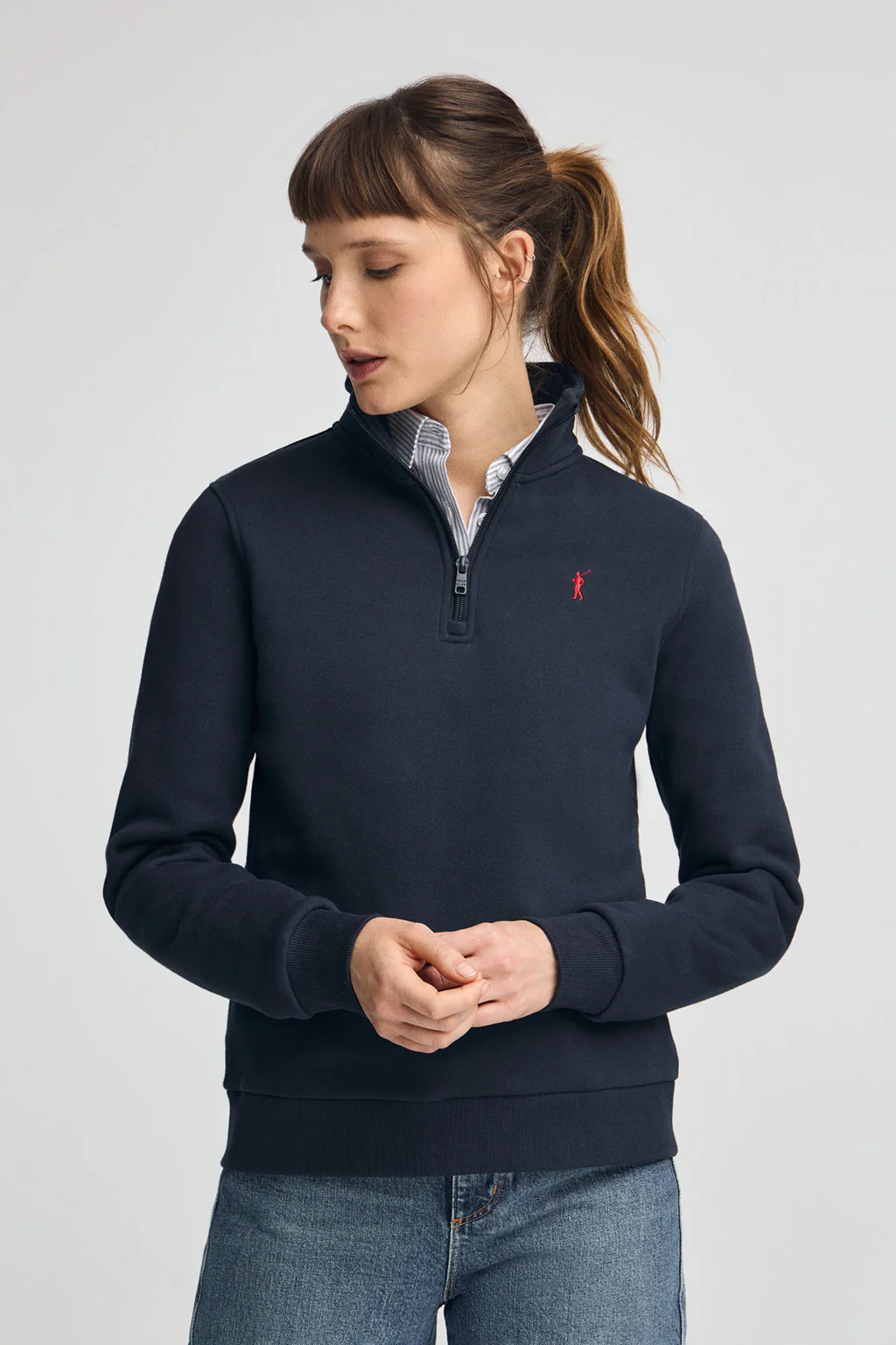 Navy-blue half-zip sweatshirt with Rigby Go logo