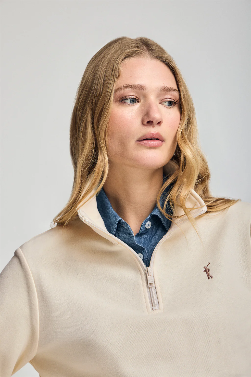 Nude half-zip sweatshirt with Rigby Go embroidery