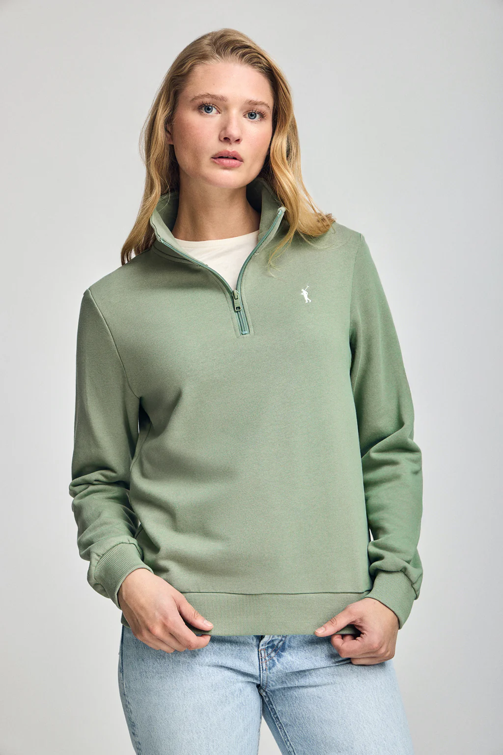 Jade-green half-zip sweatshirt with Rigby Go logo