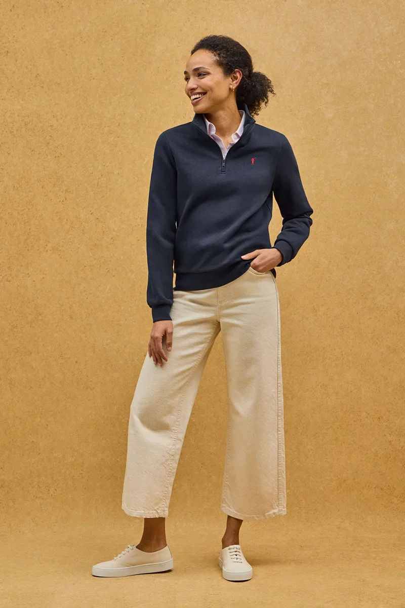 Navy-blue sweatshirt with zipped neck and Rigby Go logo