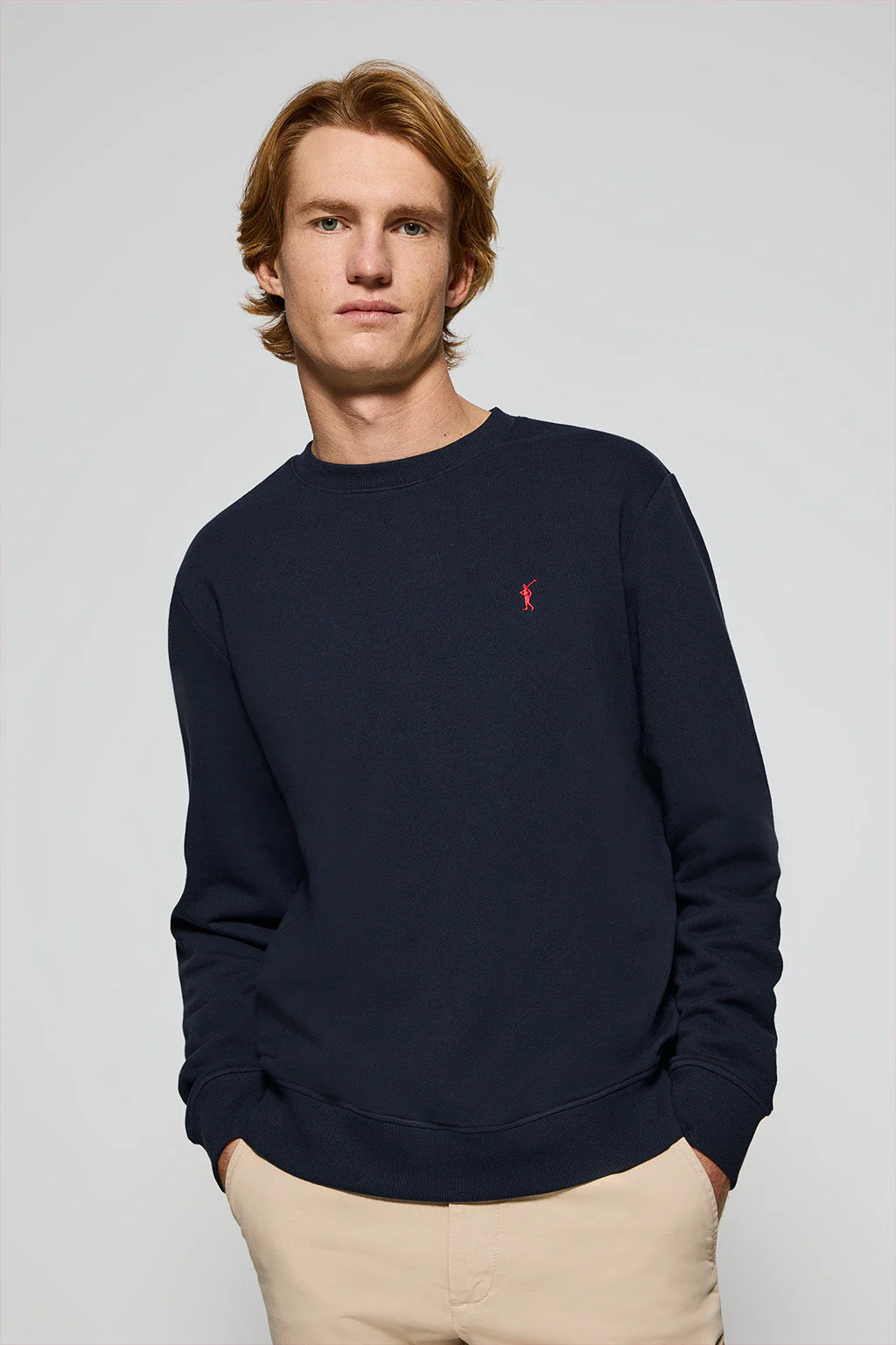 Navy-blue round-neck sweatshirt with Rigby Go embroidered logo