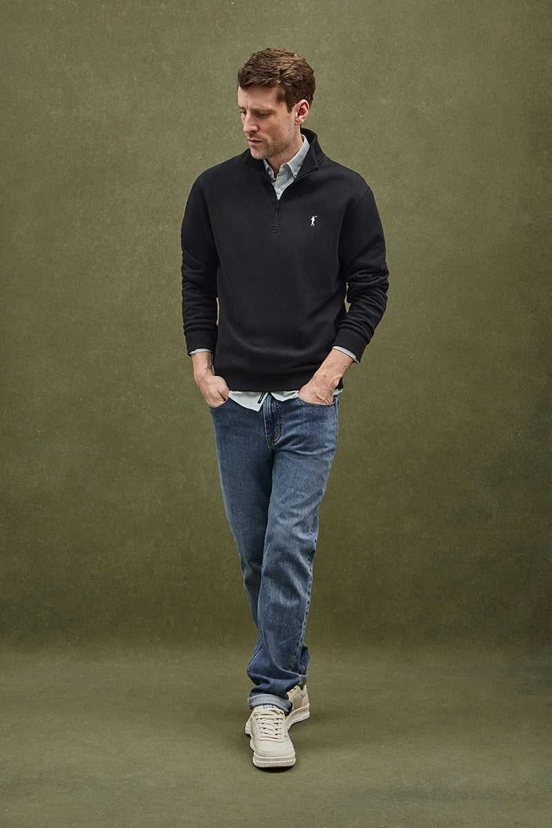 Black high-neck sweatshirt with zip and Rigby Go embroidery
