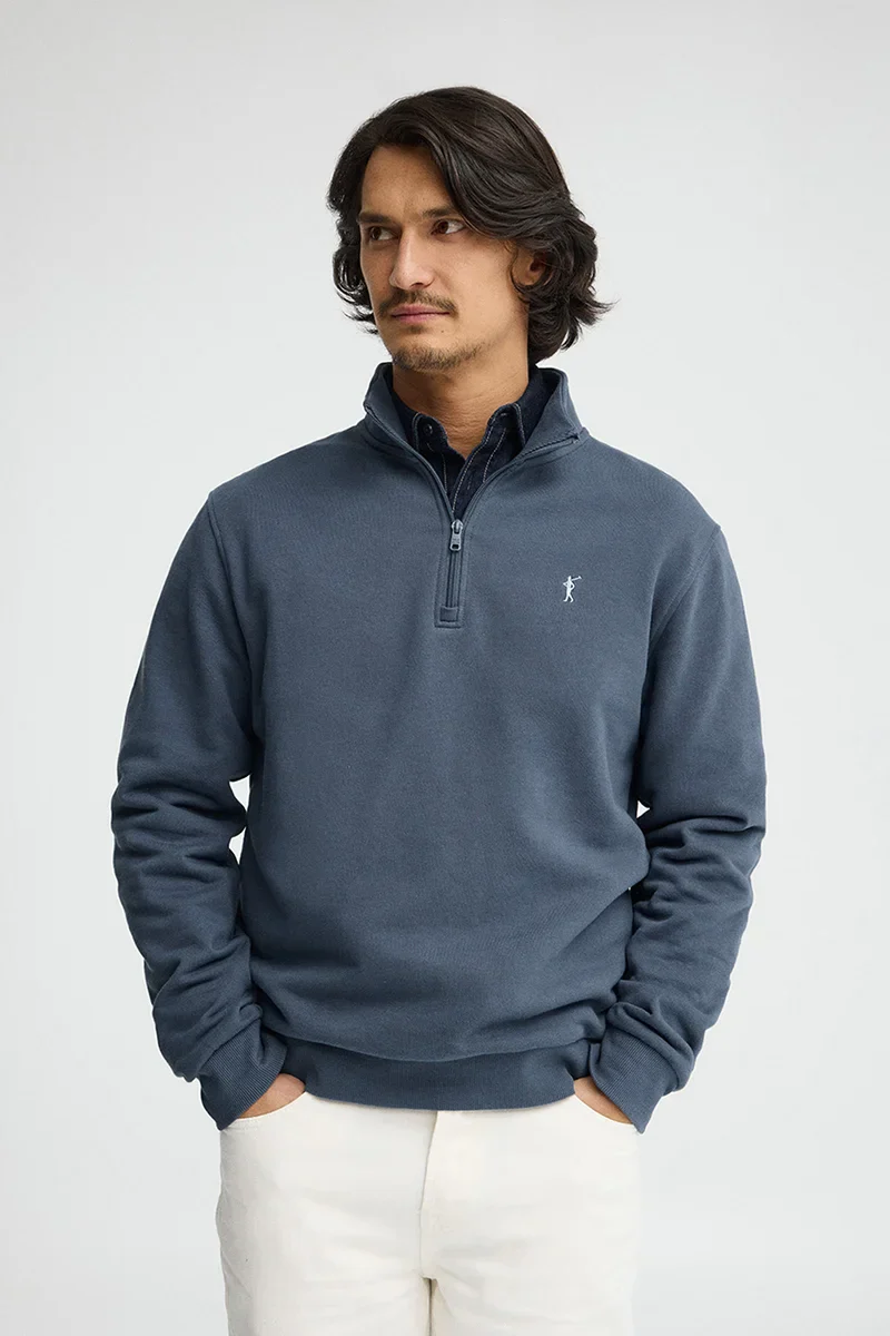 Denim-blue high-neck sweatshirt with zip and Rigby Go embroidery - Image 2