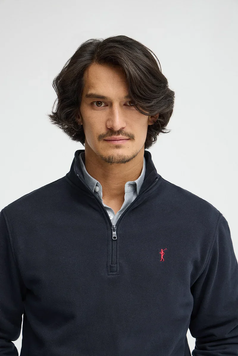 Navy-blue high-neck sweatshirt with zip and Rigby Go embroidery