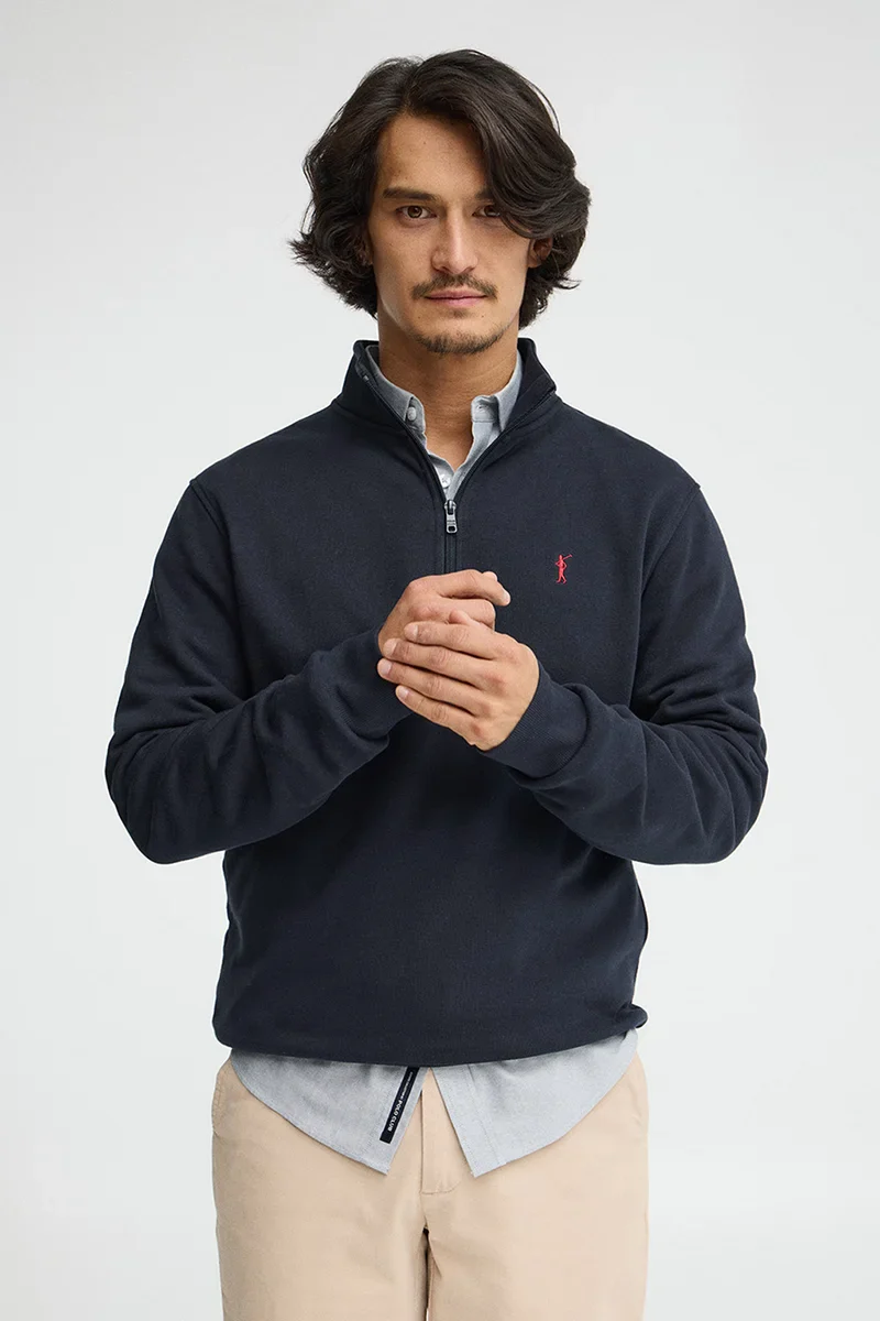 Navy-blue high-neck sweatshirt with zip and Rigby Go embroidery - Image 3
