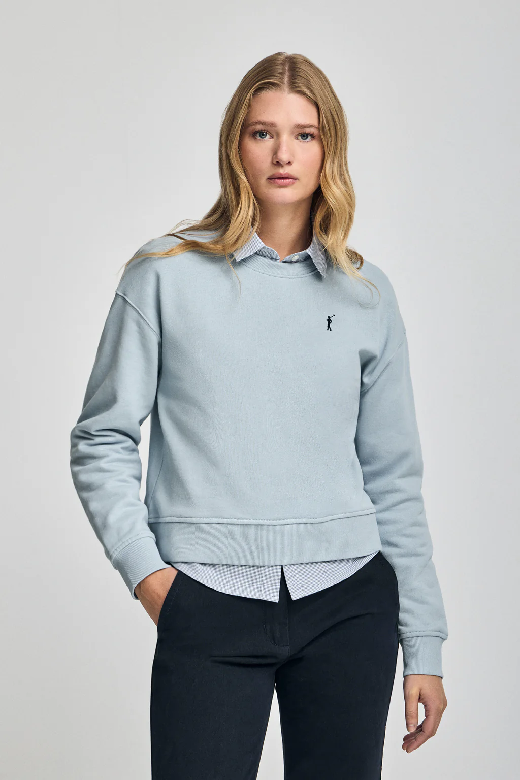 Light-blue round-neck sweatshirt with Rigby Go embroidery