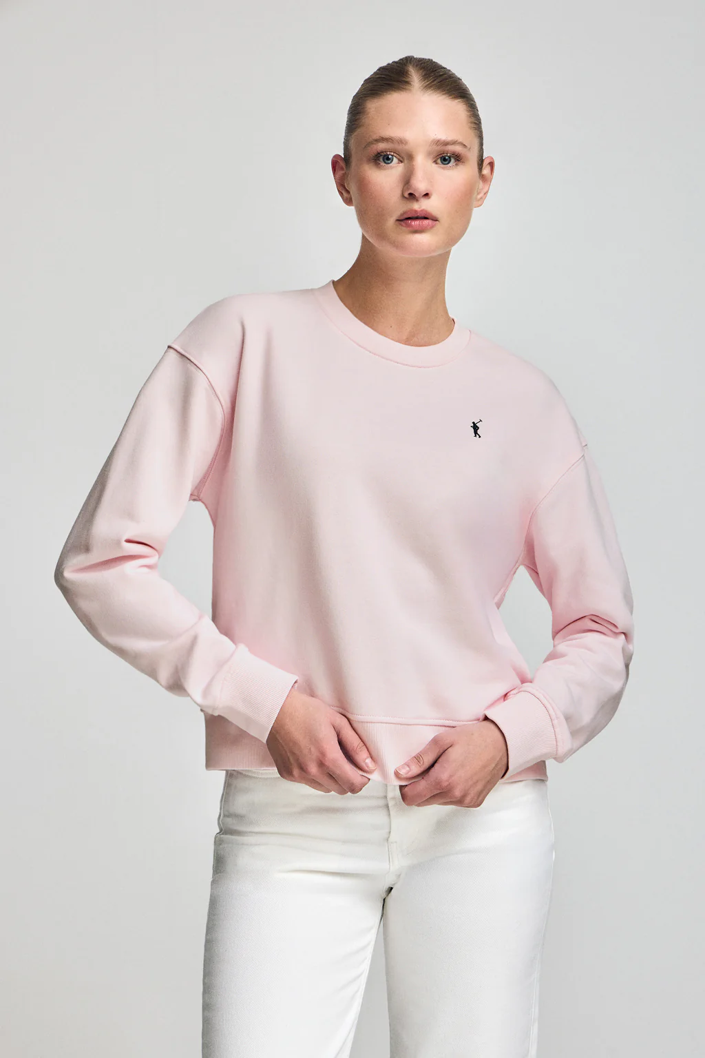 Pink round-neck sweatshirt with Rigby Go embroidery